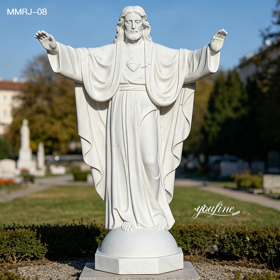 Hand-carved white marble Jesus Christ statue with outstretched arms, garden religious decor