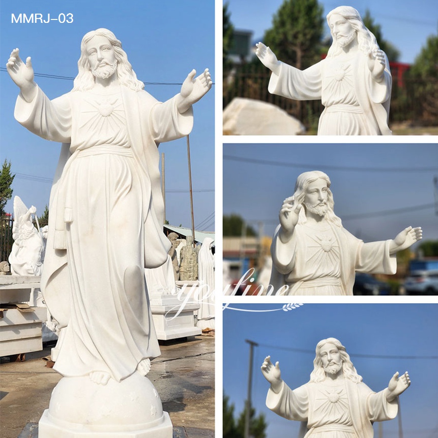 white marble Jesus sculpture featuring Sacred Heart and blessing gesture