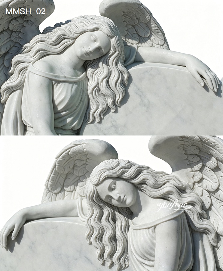 Close-up of serene kneeling angel face on white marble headstone