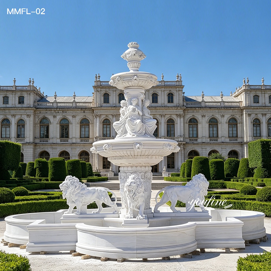 Side angle of a large marble lion water fountain outdoor with tiered structure.