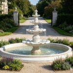 Four-Tier Marble Fountain with Water Flowing in a Scenic Garden