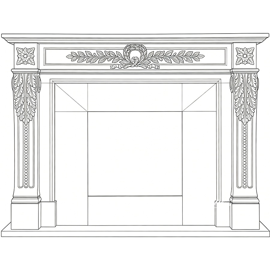 technical line drawing of a traditional hand-carved marble fireplace surround