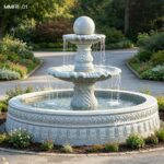 Three-tier rolling ball fountain in sesame gray granite displayed in an outdoor courtyard.