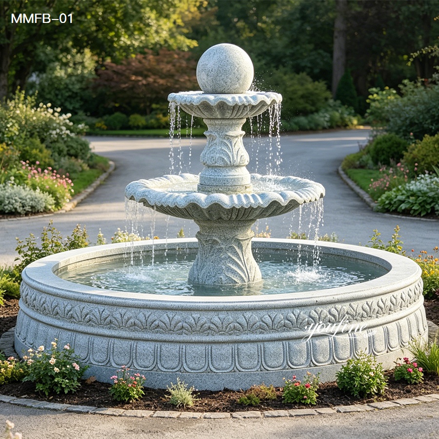 Three-tier rolling ball fountain in sesame gray granite displayed in an outdoor courtyard.