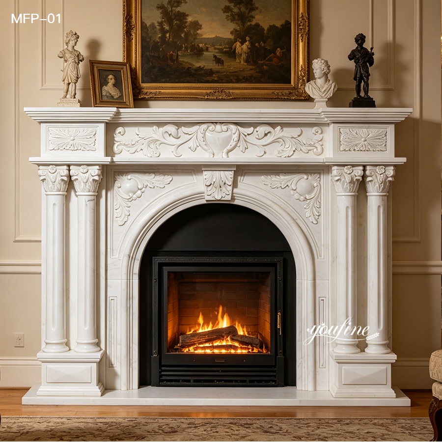 Premium carved marble fireplace surround with fluted columns