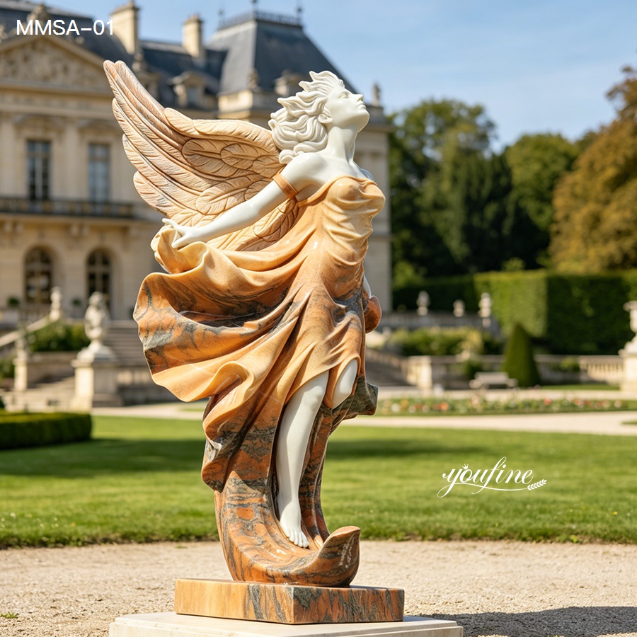 Colorful marble angel statue with natural orange and white stone tones standing on a matching base