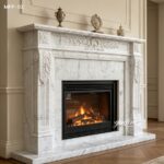 White Carrara marble fireplace surround with intricate laurel leaf carvings, lit fire in a traditional living room