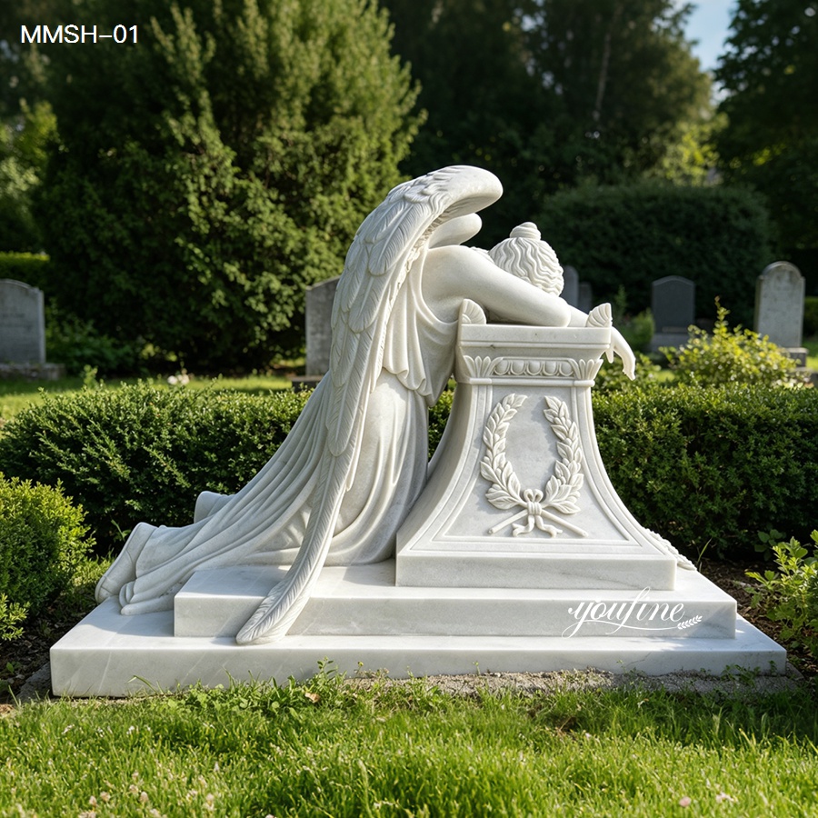 White marble memorial tombstone of life size weeping angel statue placed in cemetery with complete side profile
