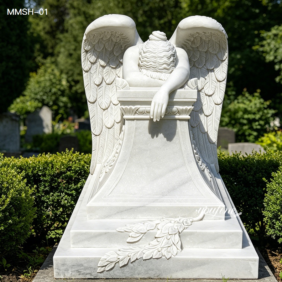 High definition front view of durable marble life size weeping angel memorial sculpture
