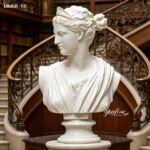 Single white marble bust of Diana the Huntress, elegant view with classic wooden staircase backdrop