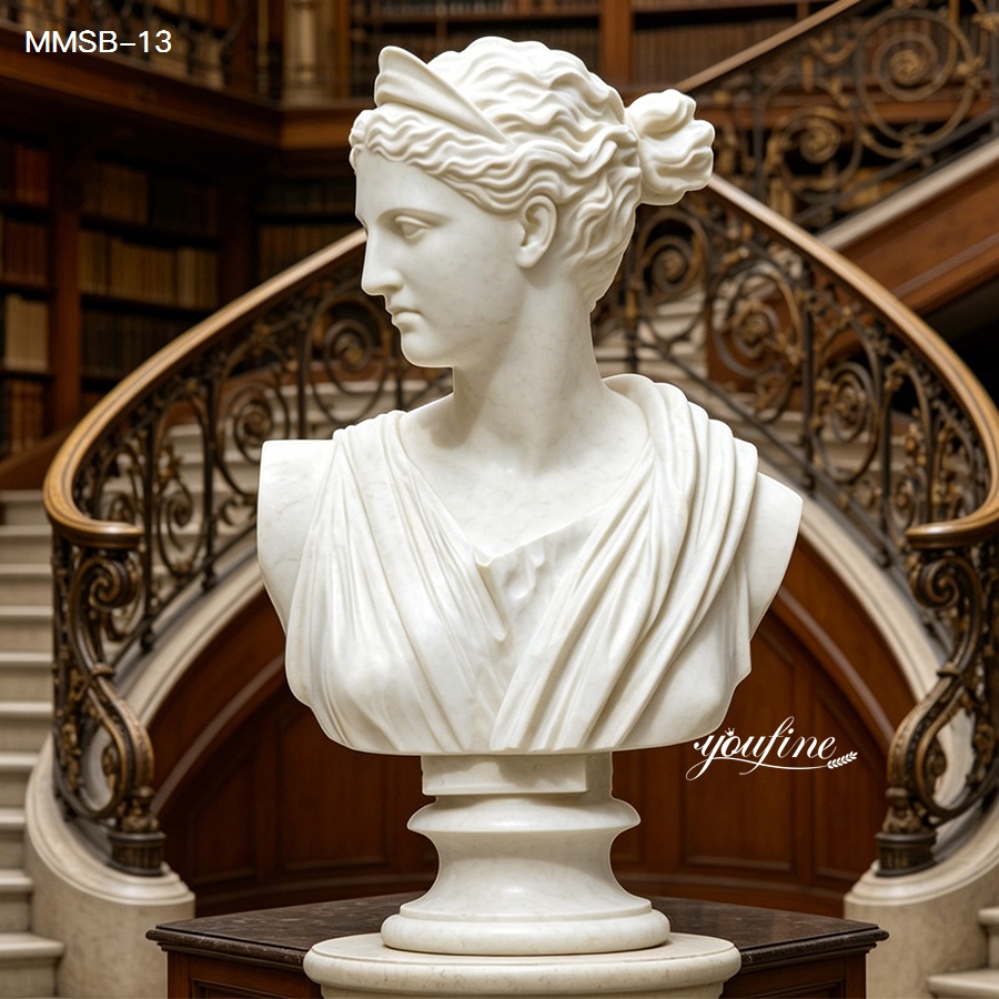 Single white marble bust of Diana the Huntress, elegant view with classic wooden staircase backdrop
