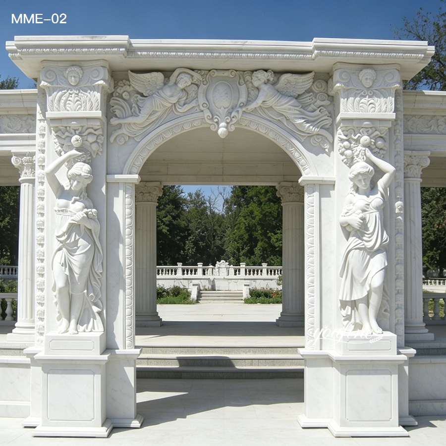 Italian marble door frame with hand-carved caryatid statues and cherub reliefs, white marble, European style entrance