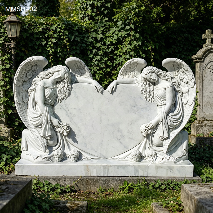 Hand-carved white marble double angel heart headstone for cemetery