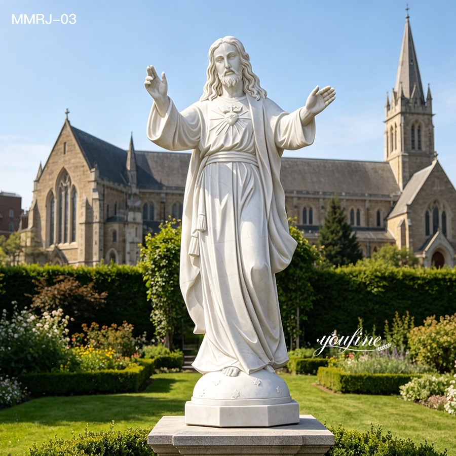elegant white marble Jesus garden statue in front of church buildings