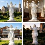 collage of white marble Jesus statue in church, garden, and campus settings