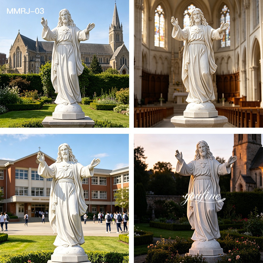 collage of white marble Jesus statue in church, garden, and campus settings