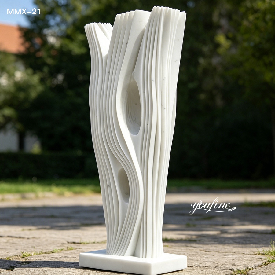 Layered vertical abstract white marble sculpture, contemporary outdoor art for plaza