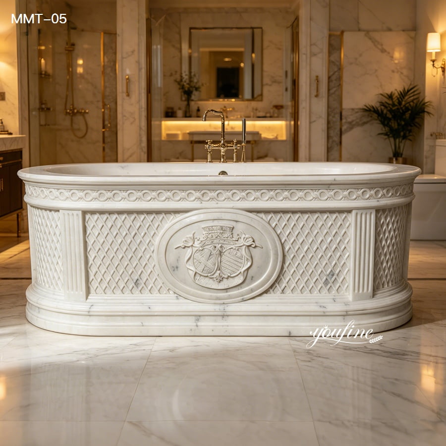 Premium hand carved marble bathtub with woven panel details set in warm luxury residential bathroom