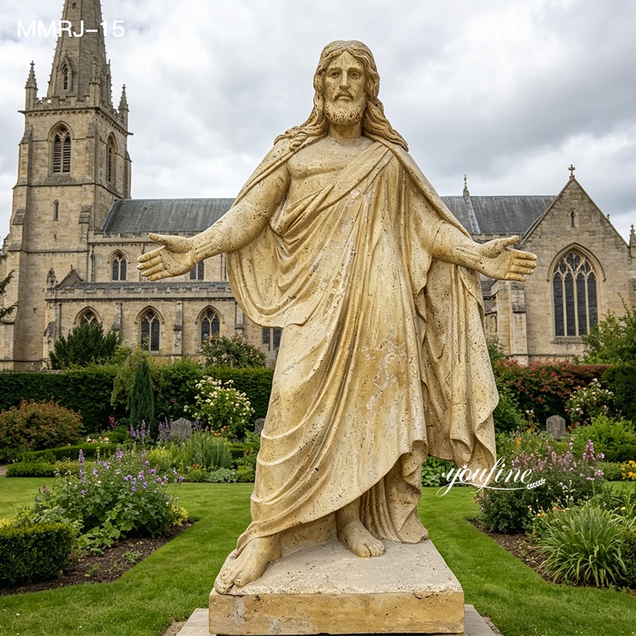 Vintage yellow stone Belosol Christus Statue life size Jesus open arms sculpture for courtyard decoration