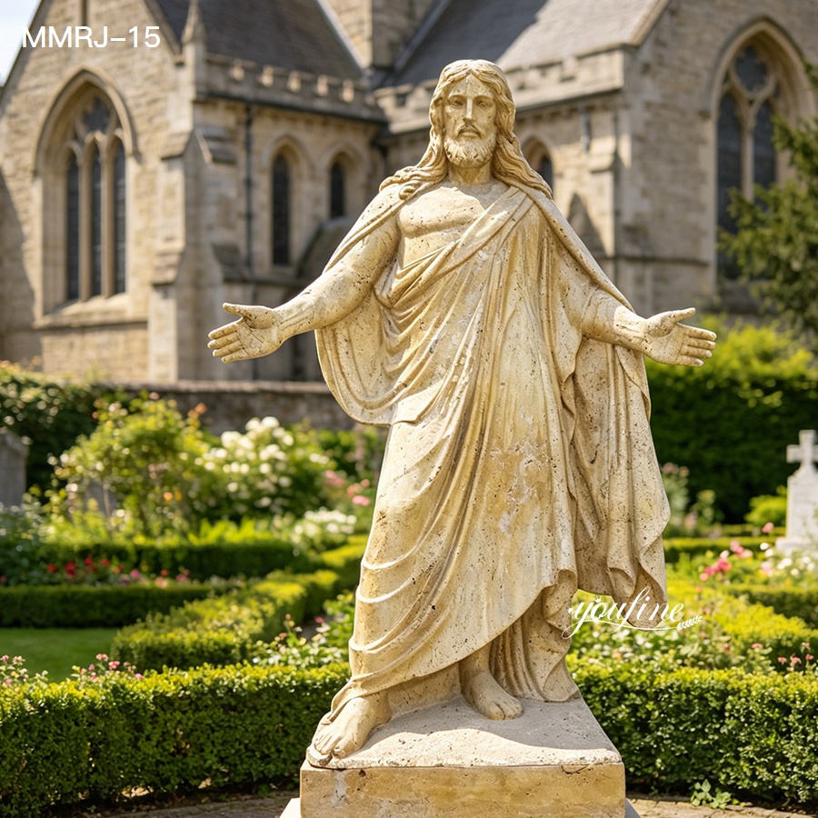 Warm beige travertine Belosol Christus Statue, natural stone Jesus sculpture for outdoor landscaping decor