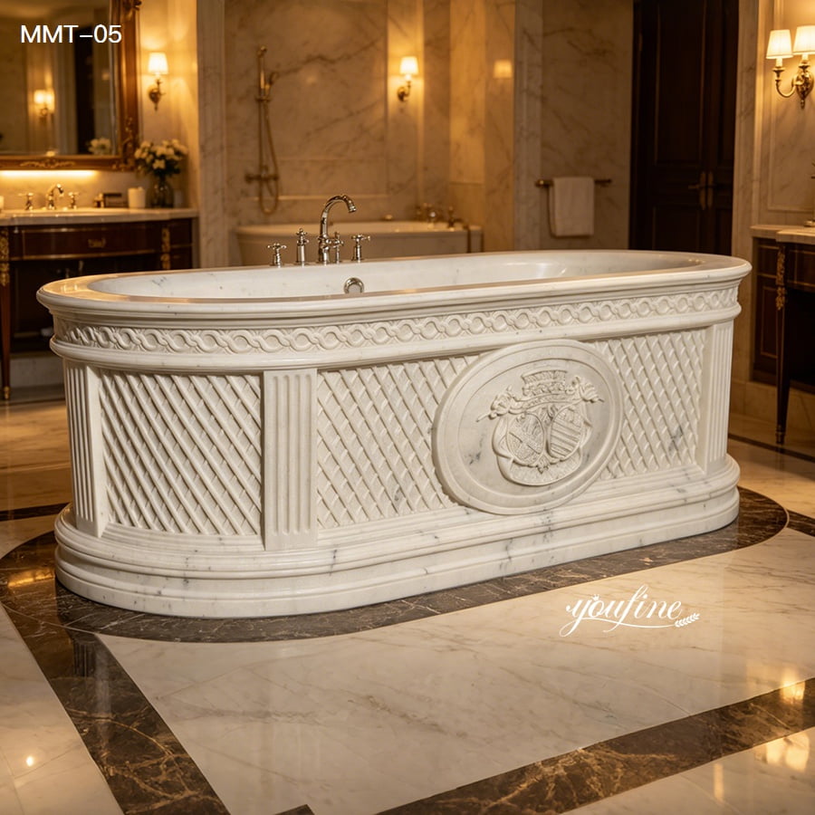 Hand carved marble bathtub with crest relief & lattice carving, freestanding white marble tub in classic luxury bathroom