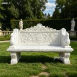 Premium handcrafted marble garden bench for sale with swan sculpture arms in well-trimmed formal landscape garden