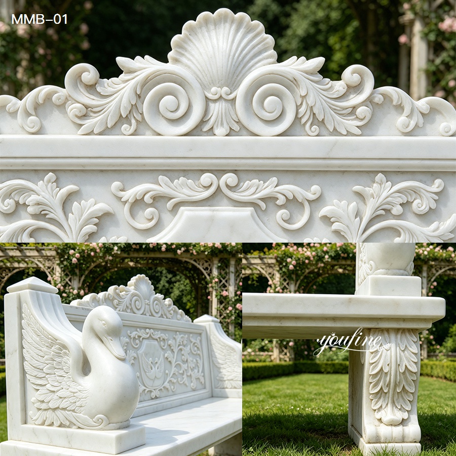Close-up view of hand carving details on swan arm and floral back of marble garden bench for sale