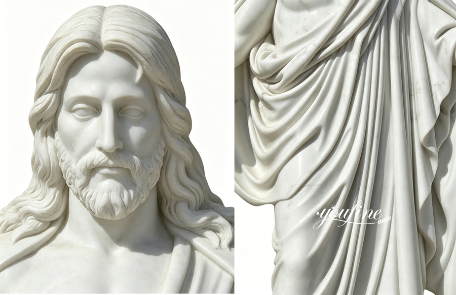 Belosol Christus Statue close-up, hand carved marble Jesus head and robe fold detail
