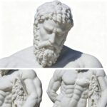 Detailed close-up shots on facial and muscle carving of white marble Hercules statue
