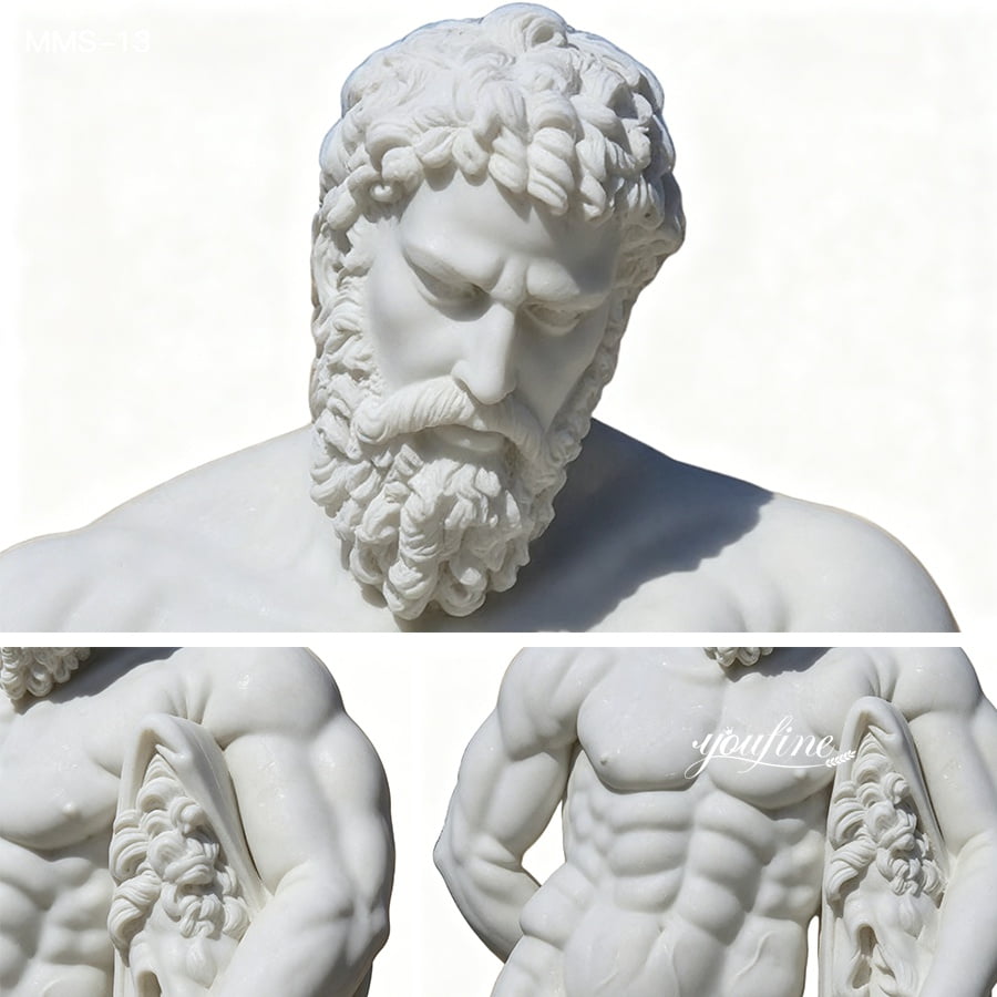 Detailed close-up shots on facial and muscle carving of white marble Hercules statue