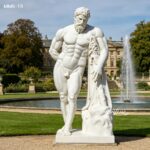 White hand carved Hercules marble statue placed in luxury garden with fountain background