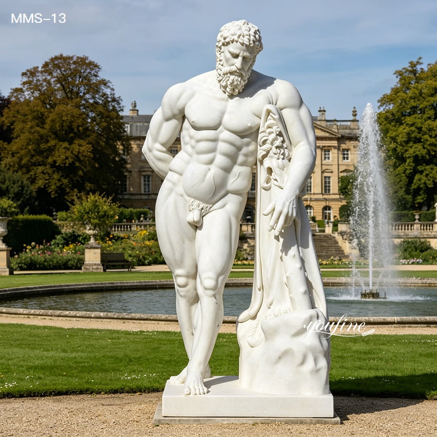 White hand carved Hercules marble statue placed in luxury garden with fountain background