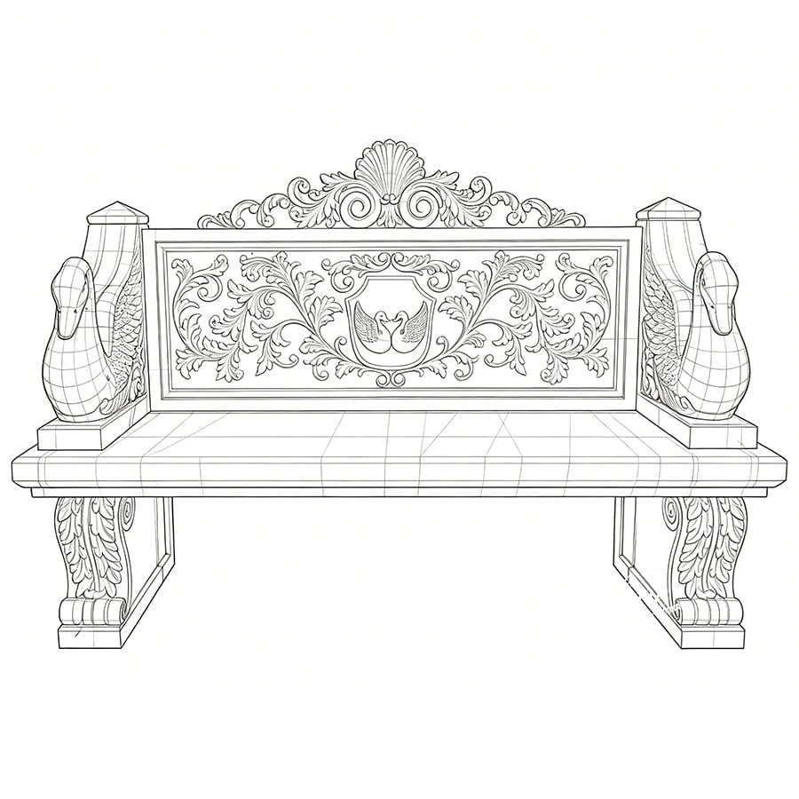 Technical line drawing sketch of custom carved swan arm marble garden bench for sale factory production