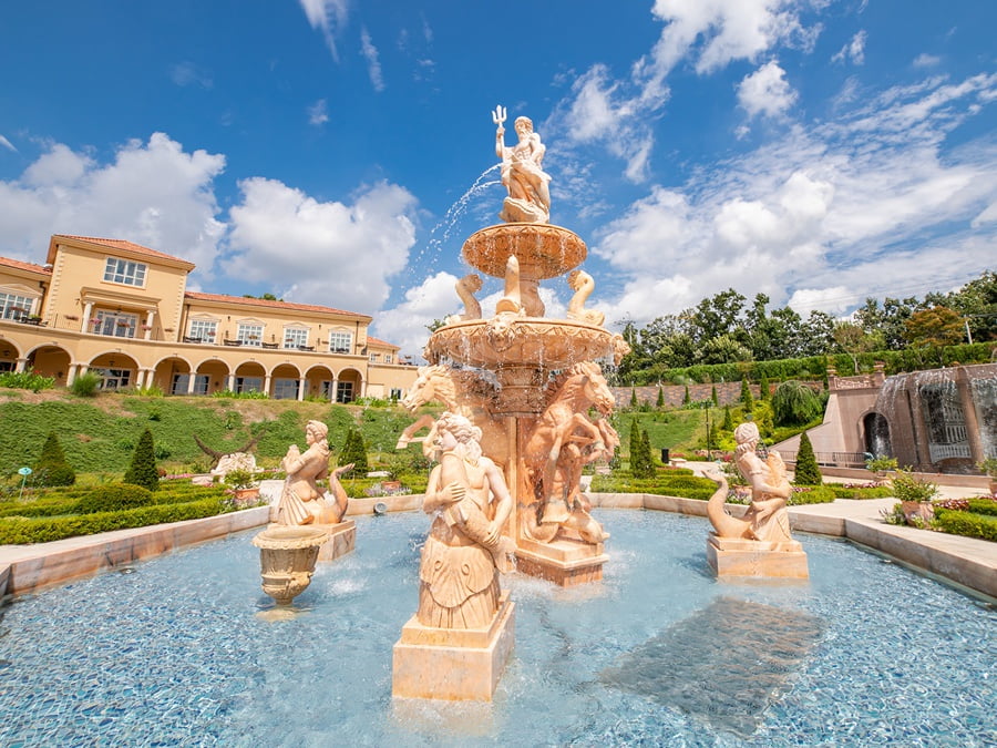 Natural beige marble grand fountain with full-body angel & harvest figure carving, finished landscape project in South Korea manor