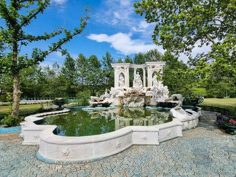 Outdoor large classical white marble fountain with figure & rock carving, finished project in Bulgaria residential landscape
