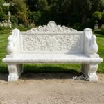 Durable natural white marble garden bench for sale with full swan and scroll carvings for villa outdoor decor