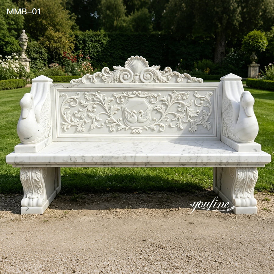 Durable natural white marble garden bench for sale with full swan and scroll carvings for villa outdoor decor