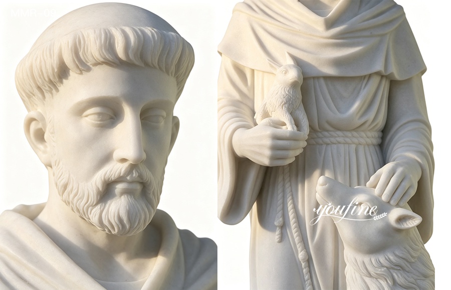 Close-up detail of marble St Francis of Assisi outdoor statue