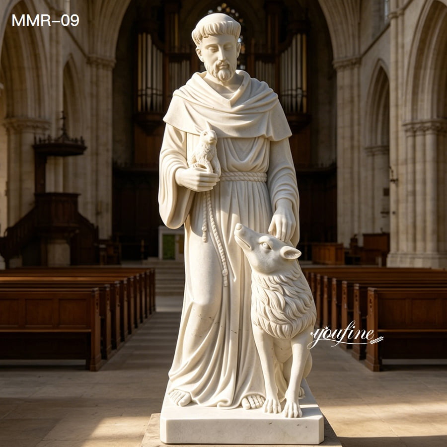 Front view of st francis of assisi statue in marble
