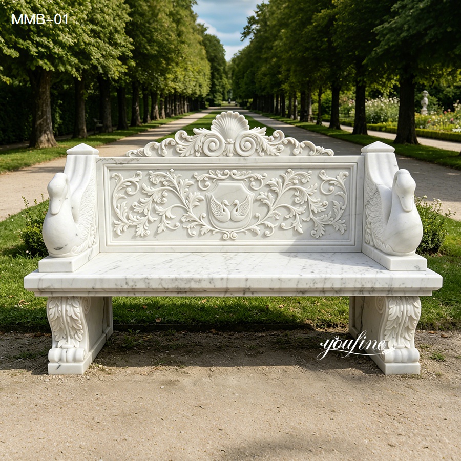 Hand carved swan arm white marble garden bench for sale, ornate floral back stone bench placed on garden trail