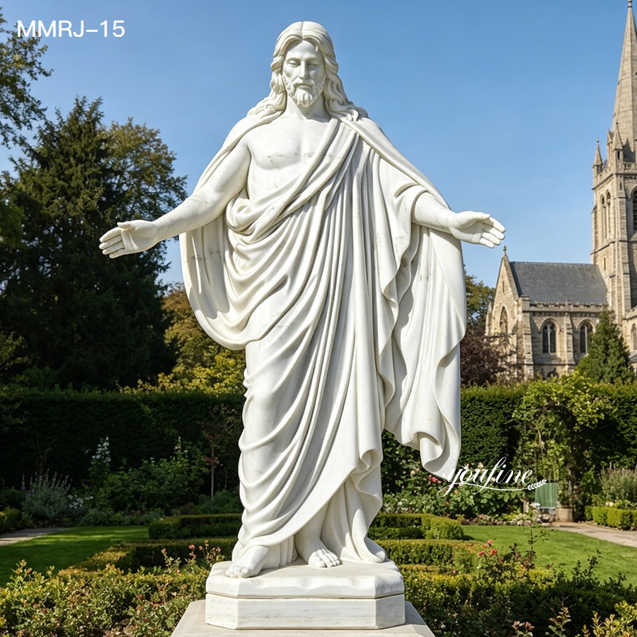 Outdoor white natural marble Belosol Christus Statue with church background, open arms Jesus sculpture