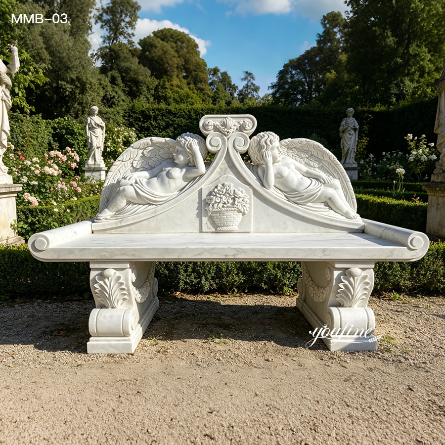 Exquisite marble bench featuring angel carvings and floral details, set in a lush garden with sculptures and greenery.