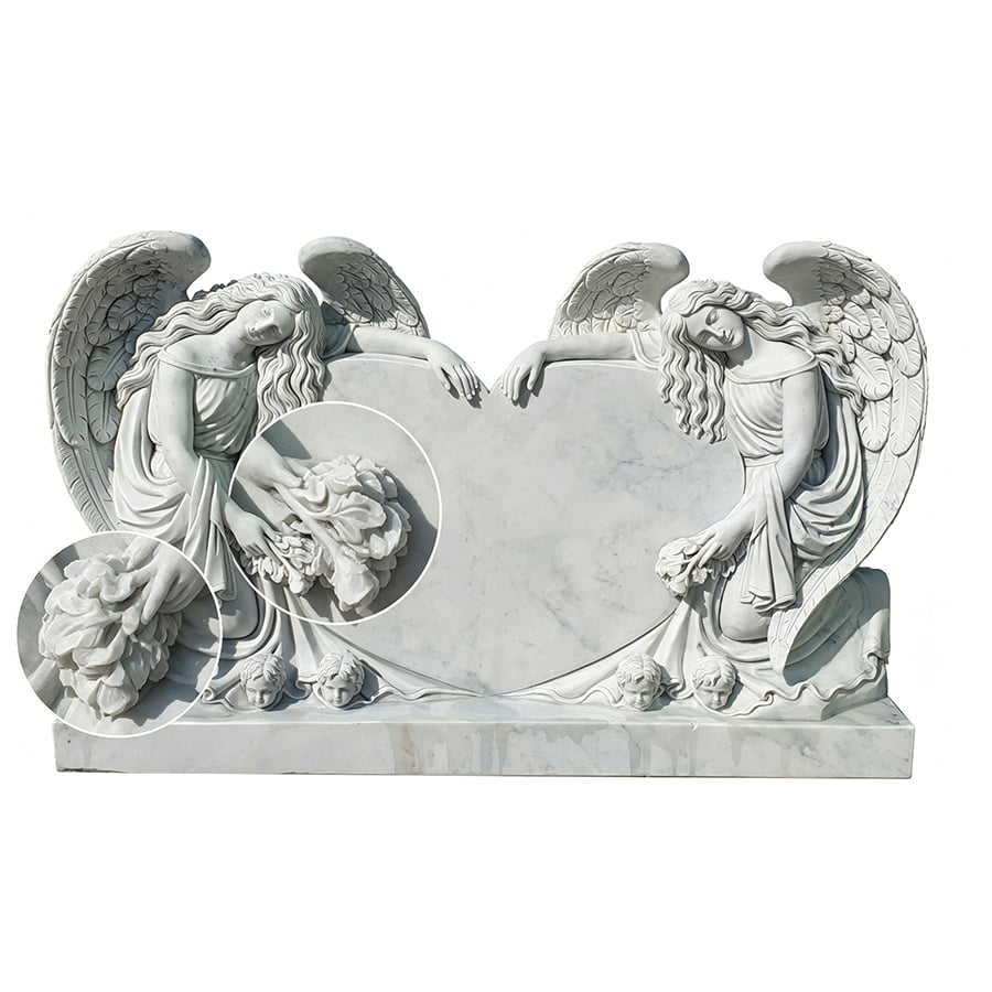 Hand-carved white marble sculpture featuring two angels with delicate wings leaning on a heart centerpiece, showcasing fine craftsmanship.