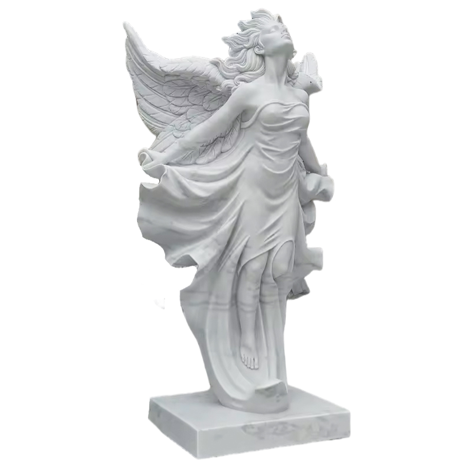 A white marble sculpture of an angel with flowing garments and detailed wings, showcasing expert craftsmanship.
