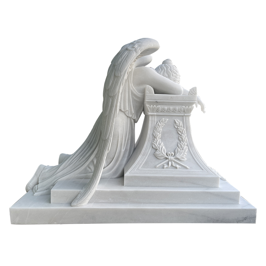 Elegant white marble sculpture of an angel mourning over a detailed pedestal with a laurel wreath design, expressing solemnity.
