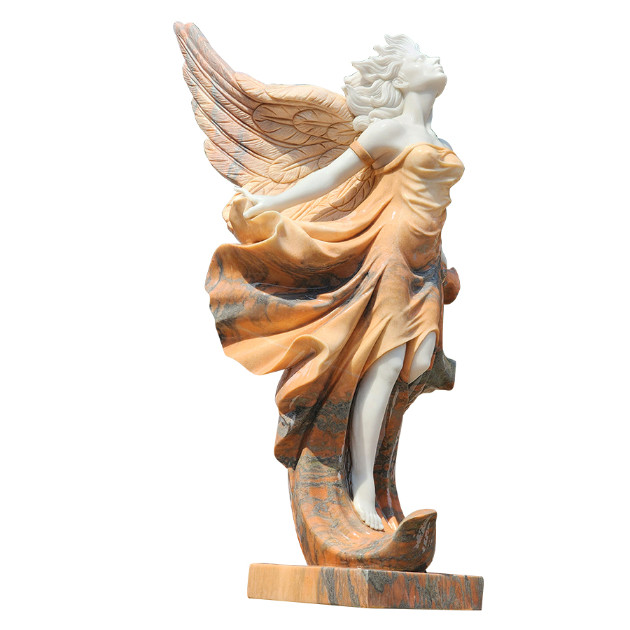 Exquisite marble sculpture of an angel with flowing robes and detailed wings, showcasing intricate craftsmanship.