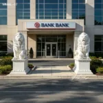 Entrance of a bank building with two intricately carved white marble lion statues on pedestals, symbolizing strength and stability.