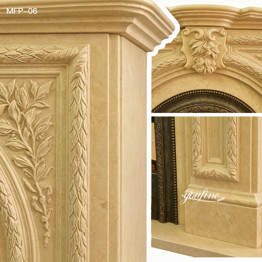 Close-up of a beige marble fireplace with intricate floral carvings and ornate details showcasing luxurious craftsmanship.