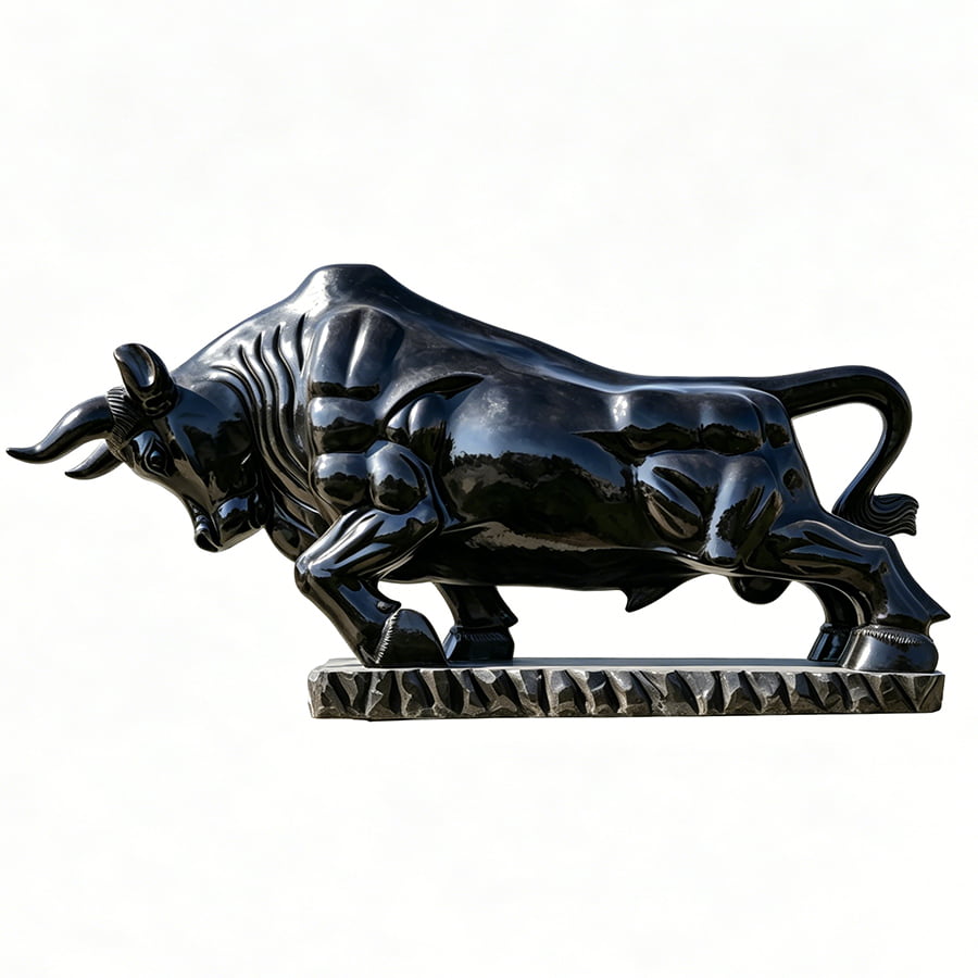 Polished black marble sculpture of a bull in a powerful and dynamic stance on a detailed base, set against a white background.