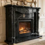 A luxurious black marble fireplace with intricate carvings and polished surface, featuring a glowing fire inside, surrounded by elegant decor.
